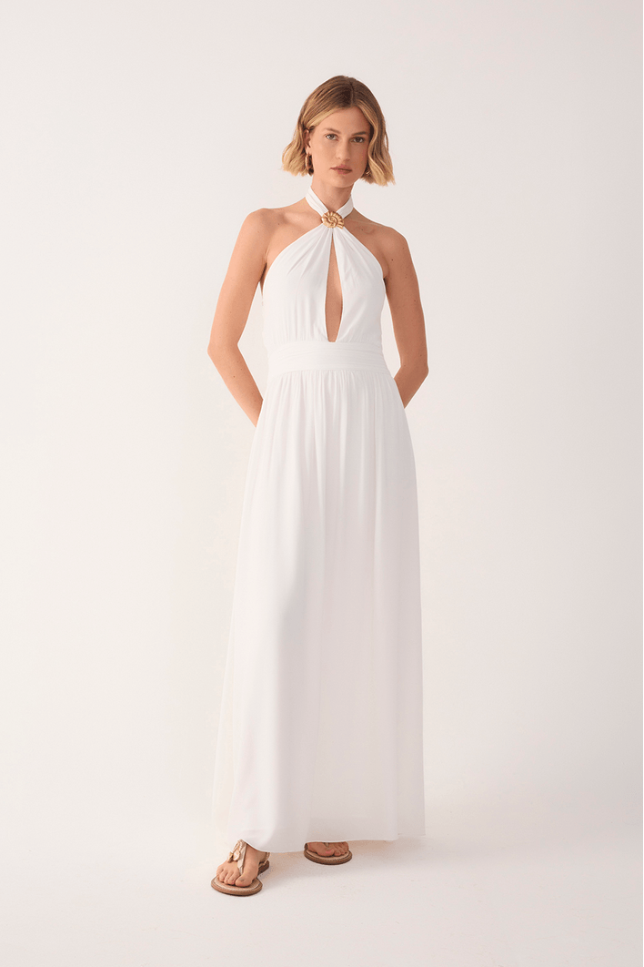 Vestido Longo Crepe Detalhe Concha