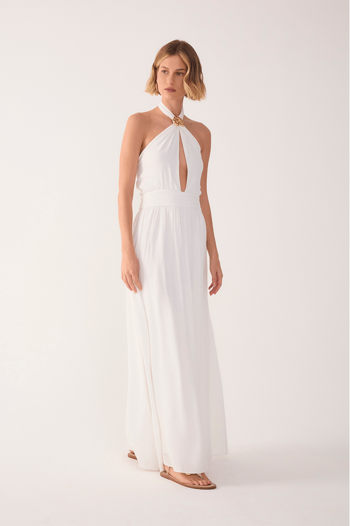 Vestido Longo Crepe Detalhe Concha