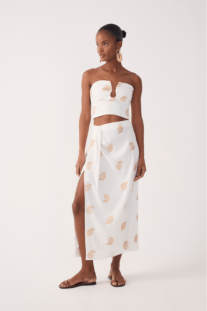 Saia Cropped Linho Bordado Concha Lurex