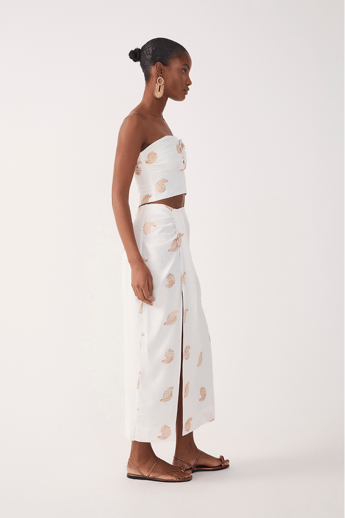 Saia Cropped Linho Bordado Concha Lurex