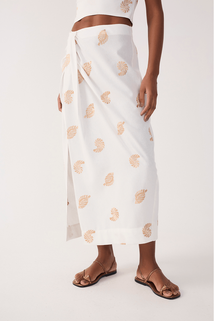Saia Cropped Linho Bordado Concha Lurex