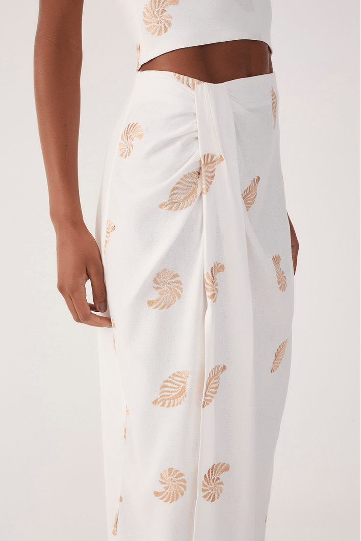 Saia Cropped Linho Bordado Concha Lurex