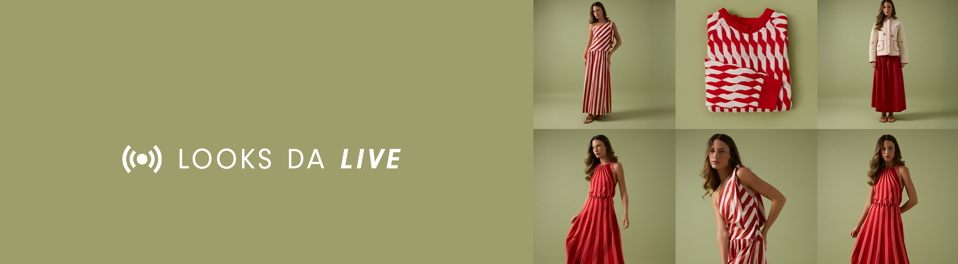 Banner de moda com três modelos usando looks sofisticados em tons neutros e azul, em um fundo bege. À direita, o texto 'LOOKS DA LIVE' com um ícone de transmissão ao vivo.