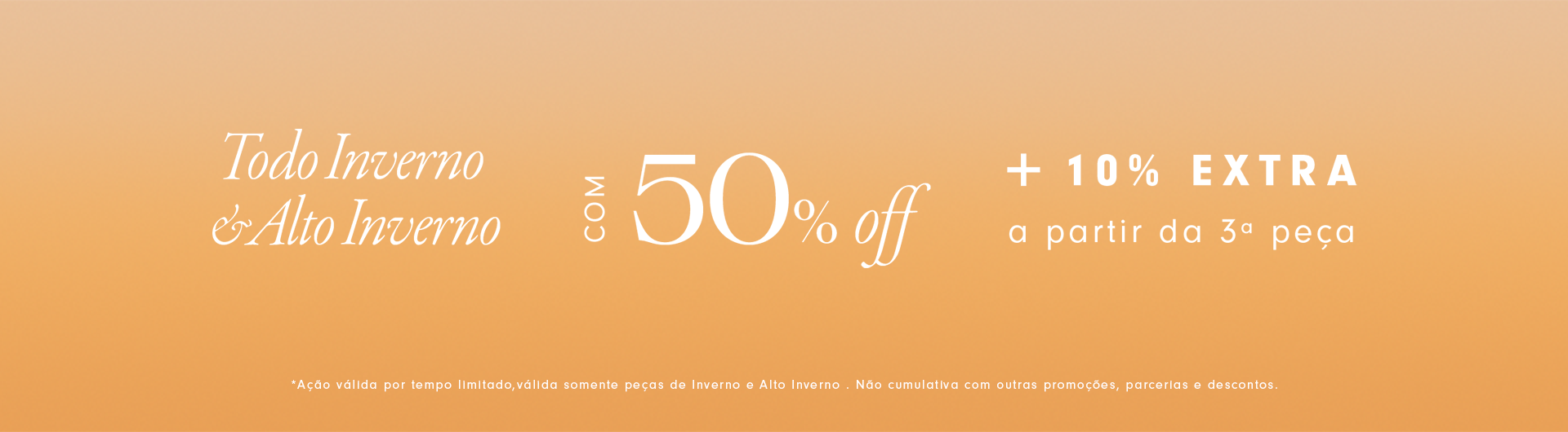 Banner ambiência laranja com letreiros brancos spobre a ação de cabine alavancada de inverno e alto inverno com 505 off + 10% off a partir da 3 peça.