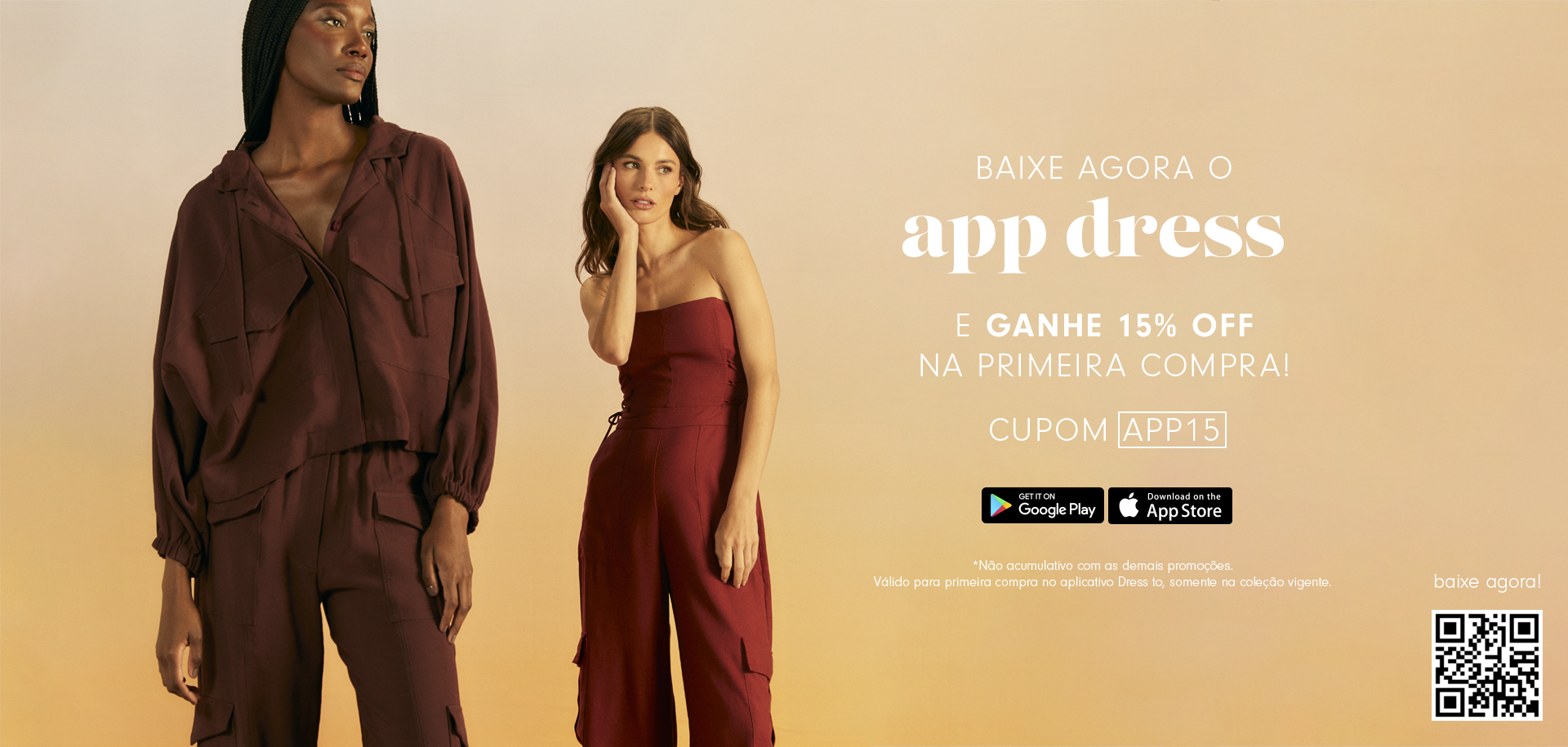 modelo negra e modelo morena usando peças na cor vermelha, com fundo em tons laranjas, para banner de "Baixe o app" da marca Dress To.