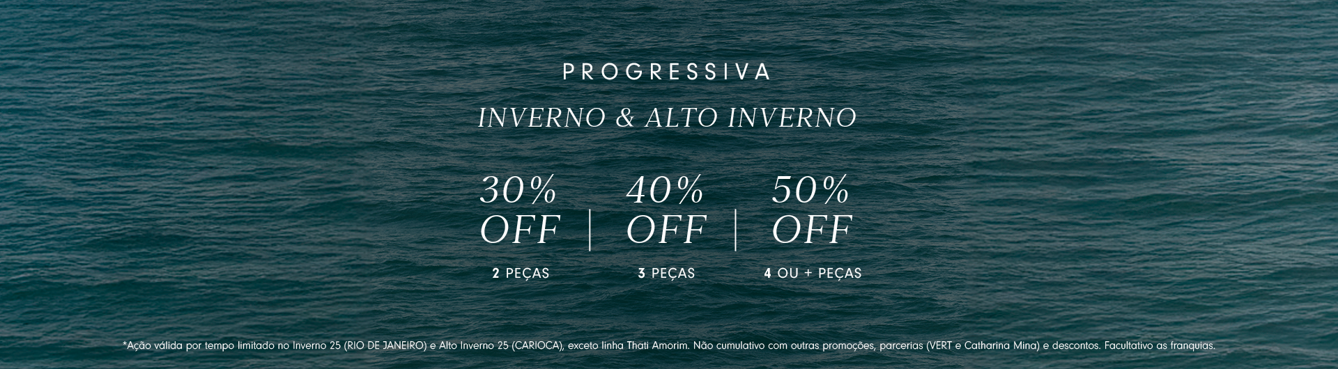 Banner promocional com fundo terracota e texto em destaque "TUDO COM ATÉ 50% OFF". Oferta válida por tempo limitado, exceto itens da linha Thati Amorim e parcerias.