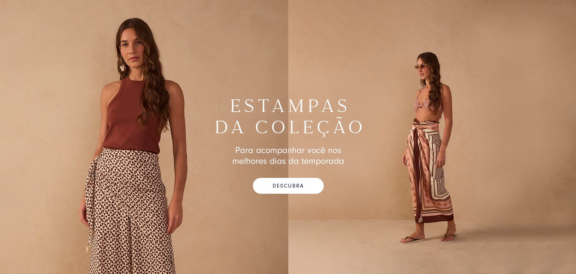 Banner da coleção Dress to Green com fundo de ambiente iluminado pelo sol. Modelo veste um conjunto coral com estampa de pequenas flores brancas, composto por blusa de mangas bufantes e saia de cintura alta franzida. Texto destacando desconto de até 50% off. Botão de chamada para ação 'Confira!' em tom verde oliva.