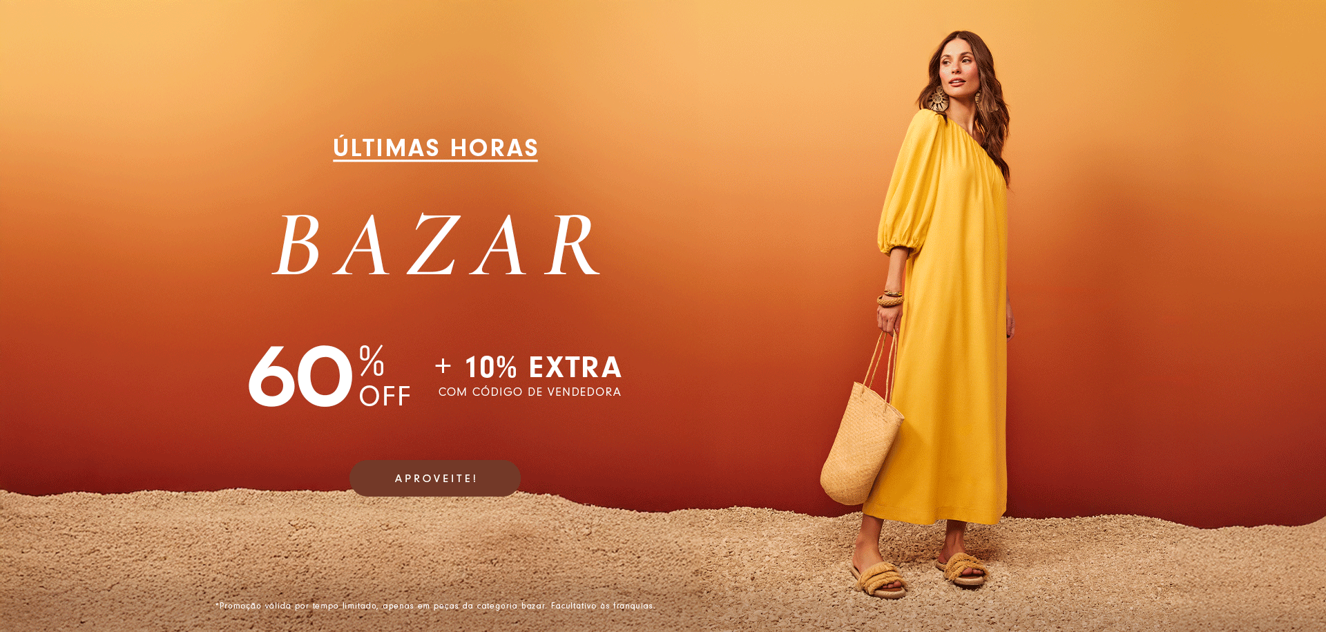 Versão animada do banner anterior, ideal para desktop. Mantém o mesmo visual com o fundo em degradê alaranjado e a modelo com vestido amarelo à direita. A animação destaca de forma dinâmica as informações promocionais com transições suaves, chamando ainda mais atenção para a urgência da oferta.