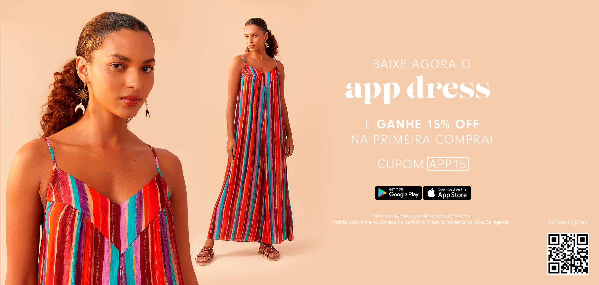 Modelo veste veste colorido da coleção Liberdade, banner baixe o app Dress e Ganhe 15% OFF na primeira compra.